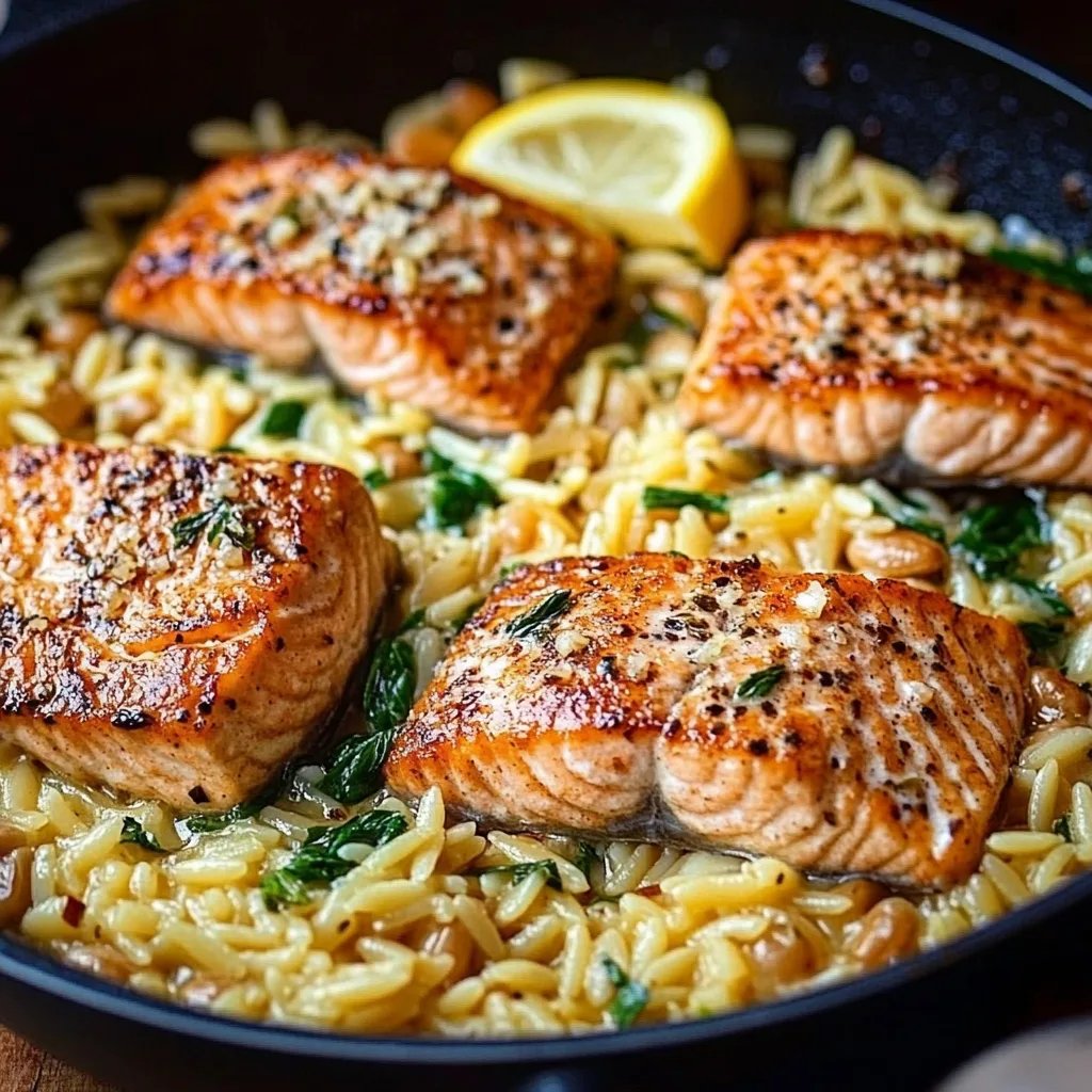 One Skillet Salmon with Lemon Orzo