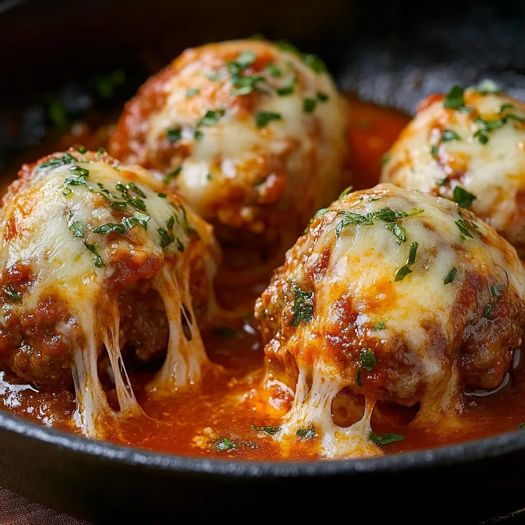 Cheesy Mozzarella Stuffed Meatballs in Marinara